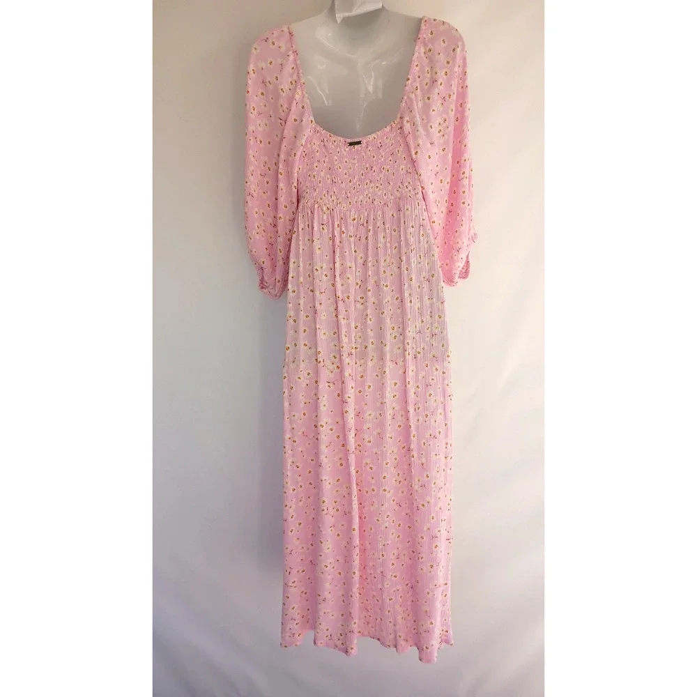 BillaBong Swept Away Midi Dress Pink Floral Puff Sleeve Smocked Cottagecore M - Picture 7 of 16